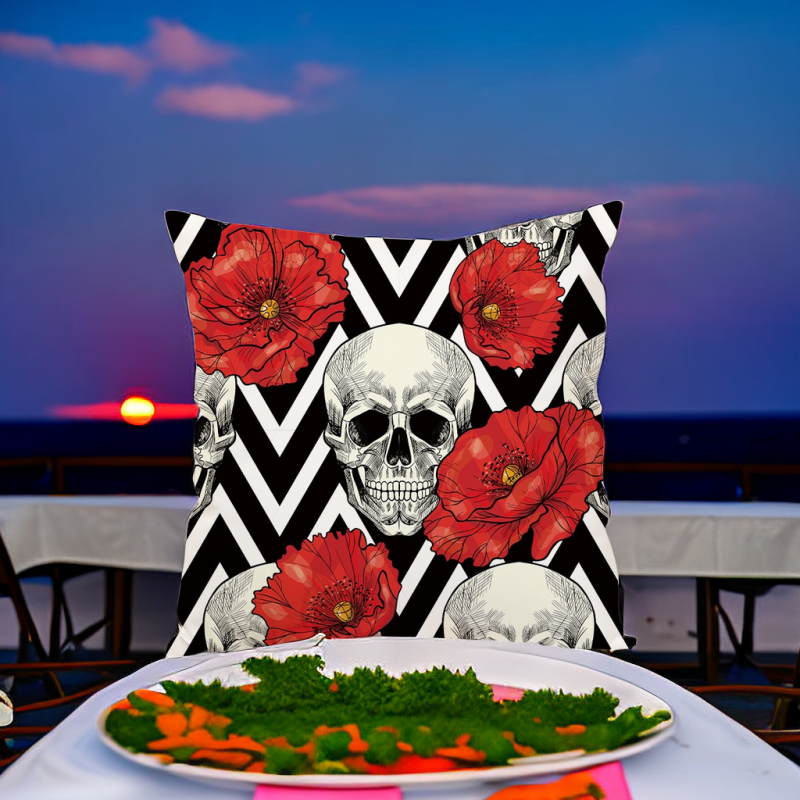 Futuristic Floral Skull Pillowcase