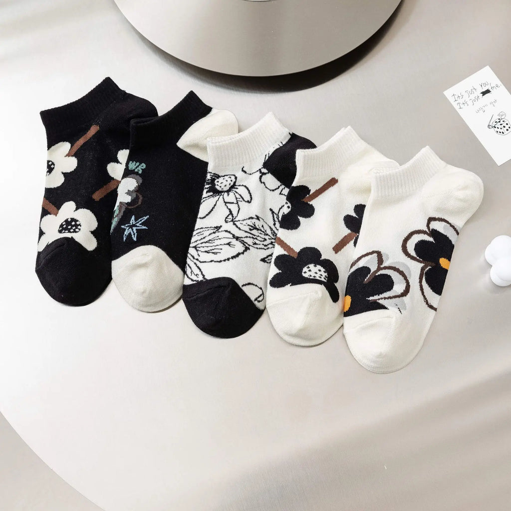 5 Pairs Avocado Crew Ankle Socks Cartoon Fresh Fashion Breathable Summer And Autumn Kawaii Comforts Women's Low Cut Boat Socks