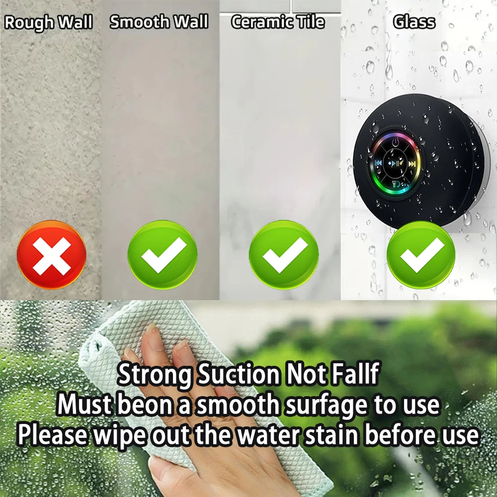 Mini Portable Wireless Bluetooth Speaker - IPX4 Waterproof LED Loudspeaker with Large Suction Cup for Outdoor, Bathroom & Travel