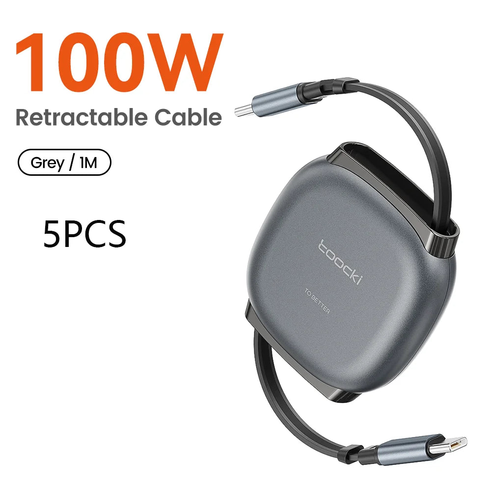 Toocki 100W Type C Retractable Cable For iphone 16 15 Pro Max Samsung Fast Charger Cable Mini Size 480Mbps Data Cable