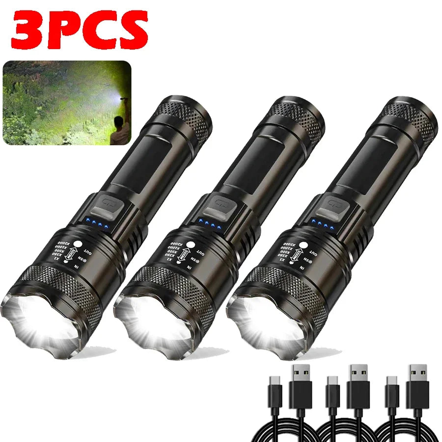P200 Super Powerful LED Flashlight Zoom Tactical Torch Built-in Battery USB Rechargeable Waterproof Lamp Ultra Bright Lantern