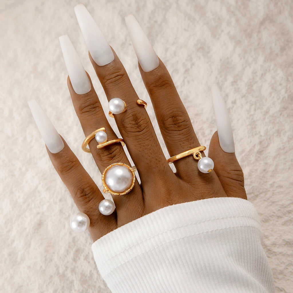 Tocona 2024 New Fashion Luxury Imitation Pearl Open Ring Sets for Women Elegant Gold Color Ring Party Jewelry Accessories
