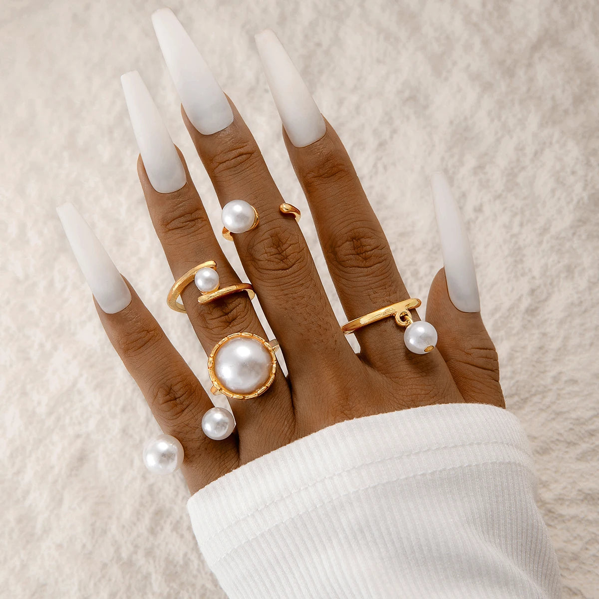 Tocona 2024 New Fashion Luxury Imitation Pearl Open Ring Sets for Women Elegant Gold Color Ring Party Jewelry Accessories
