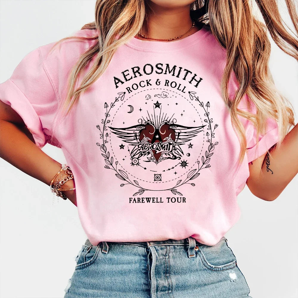 Women Vintage Dark Academic Short Sleeve Shirt Aerosmith Farewell Tour Hard Rock T Shirt Fantasy Apparel Y2K Top Streetwear