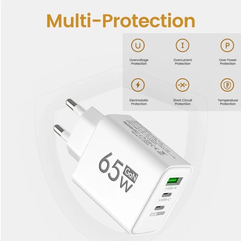 Total 65W USB GaN Charger Quick Charge Mobile Phone Adapter For iPhone Samsung Xiaomi Huawei QC3.0 USB Type C Wall Quick Charger