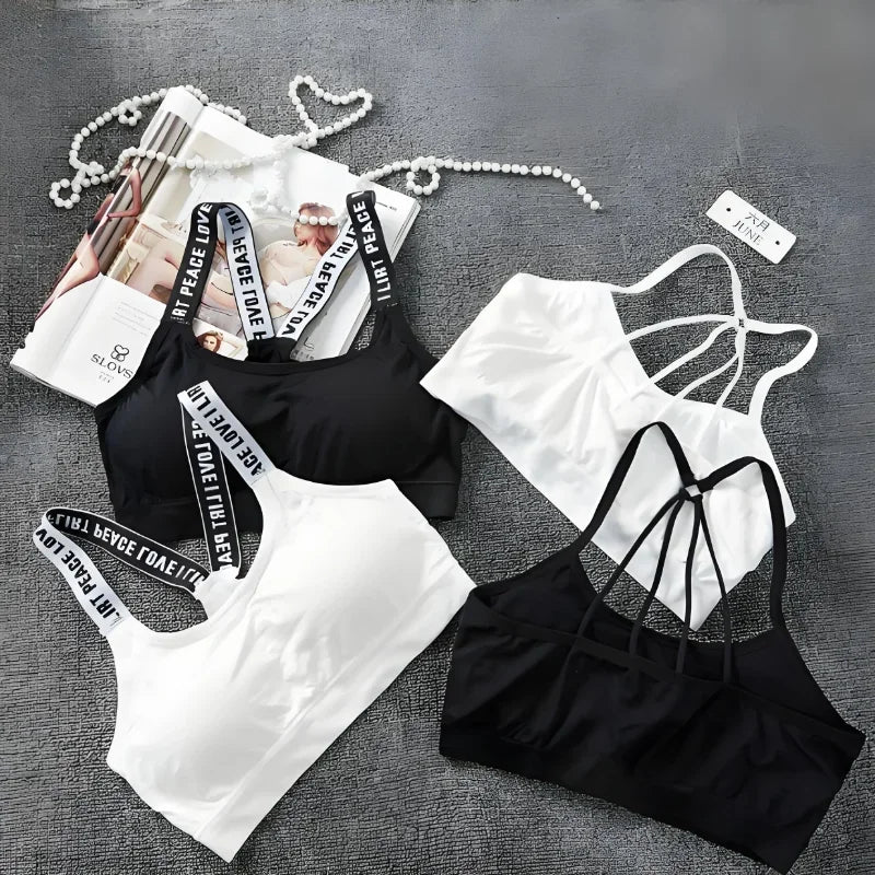 Women's Seamless Sports Crop Top Wide Letter Straps Wireless Back Comfortable Yoga Fitness Workout Activewear