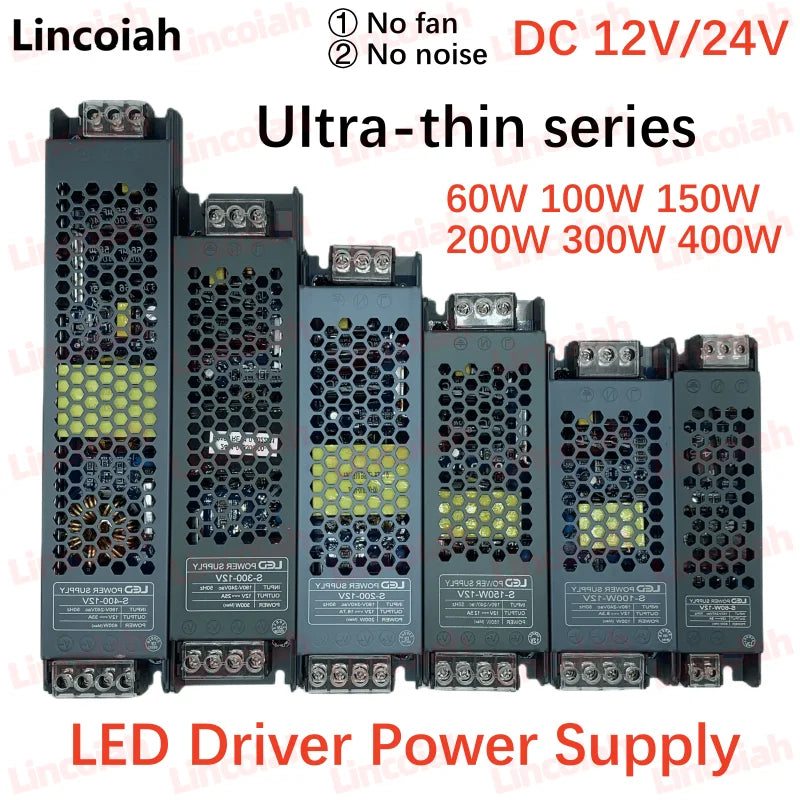 DC 12V 24V LED Power Supply AC190-240V Mute Lighting Transformers 60W 100W 200W 300W 400W LED Light Driver Power Adapter