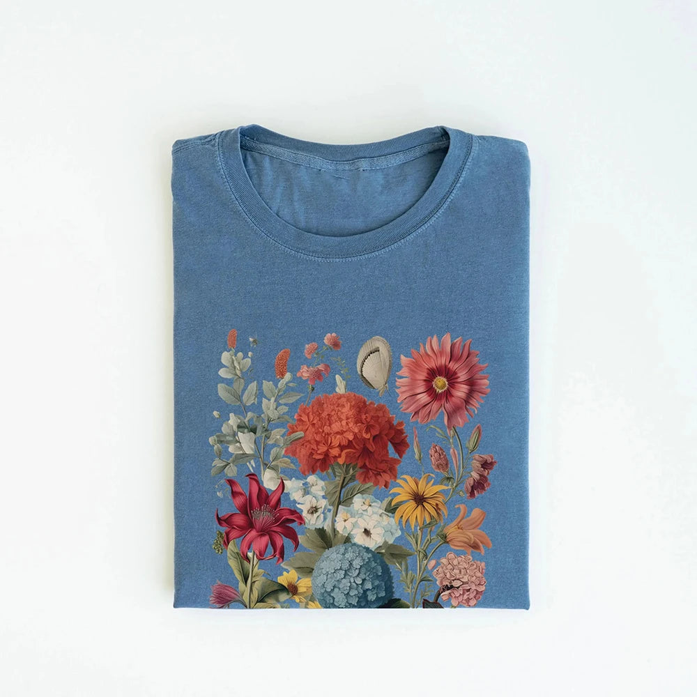 Boho Wildflowers Cottagecore Shirt Comfort Colors Retro Cotton Shirt Loose Fantasy Apparel Y2K Top Flowers Gift For Women