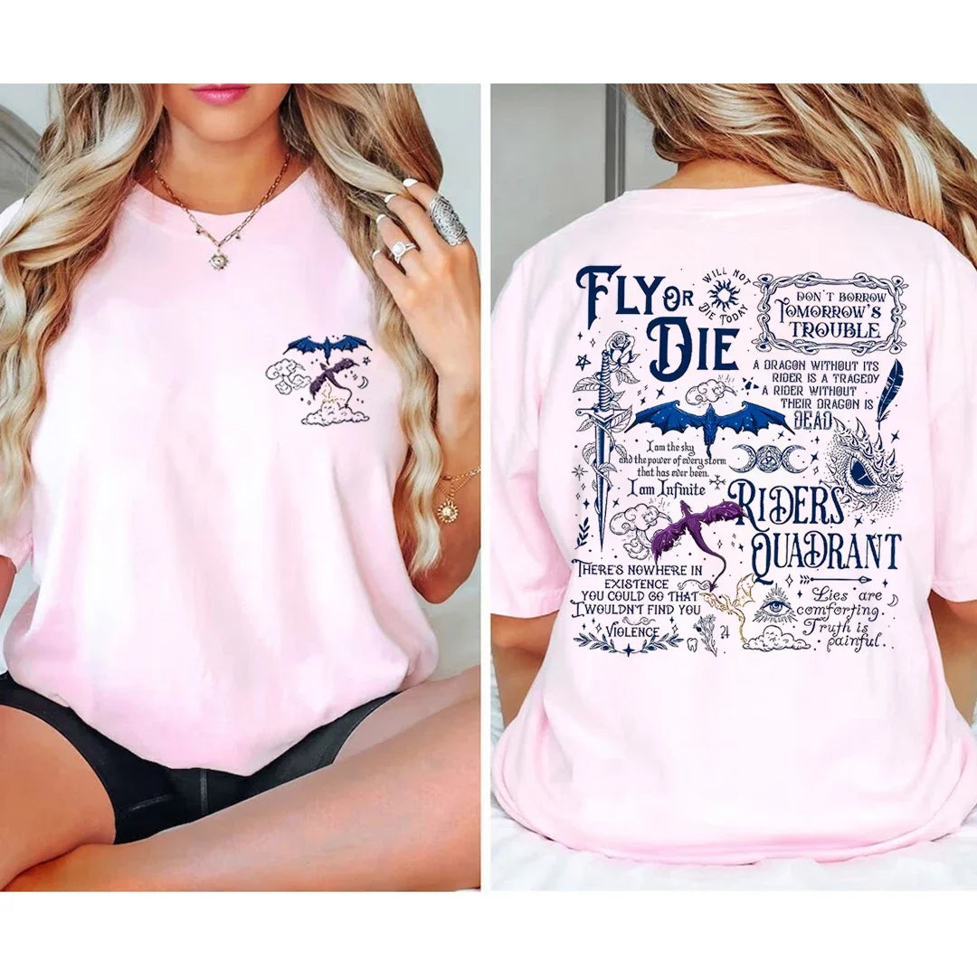 2 Side Patten Cotton Tee Basgiath War College Dragon Rider Retro Shirt Fourth Wing Riders Casual T-Shirt Fantasy Apparel Y2K Top