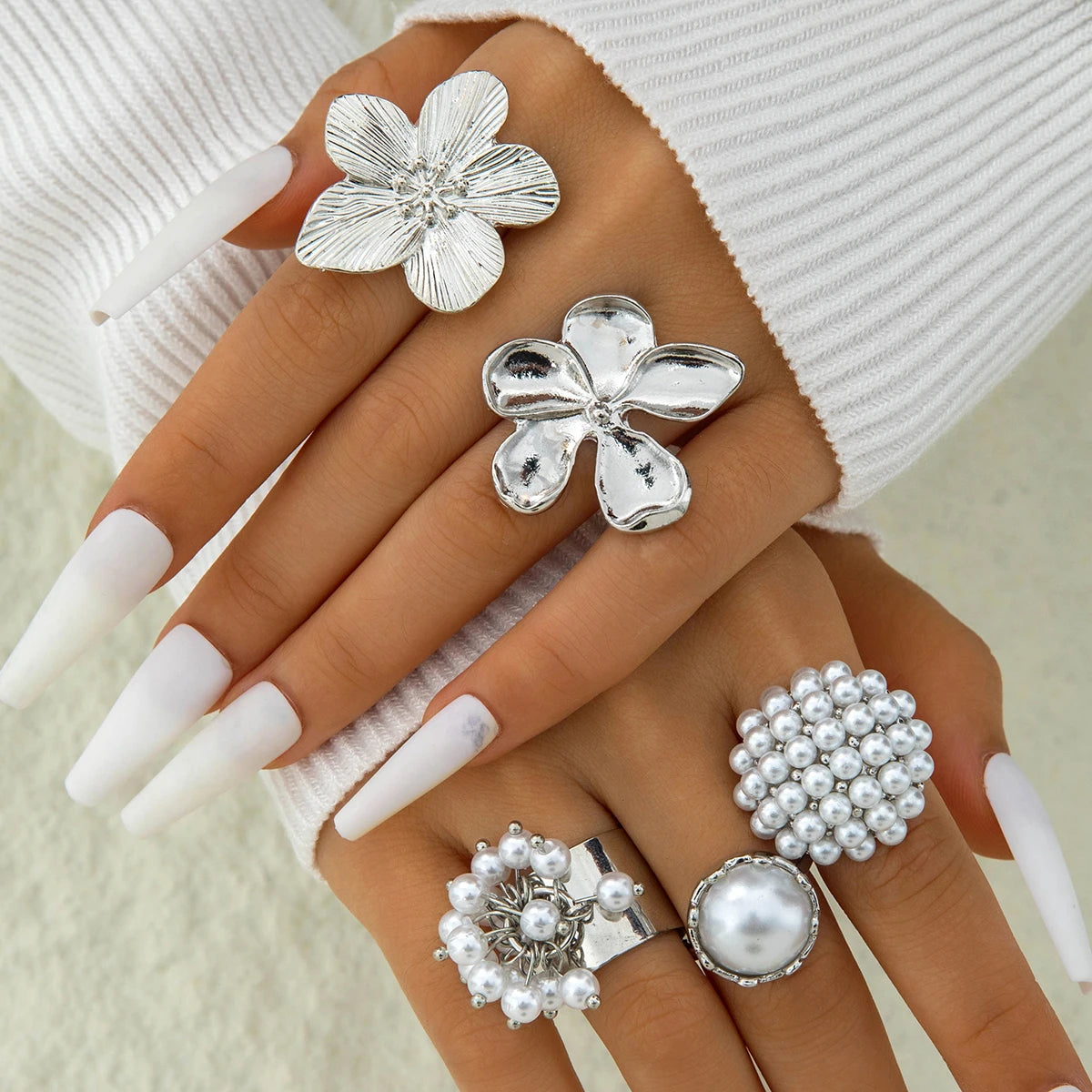 Tocona 2024 New Fashion Luxury Imitation Pearl Open Ring Sets for Women Elegant Gold Color Ring Party Jewelry Accessories