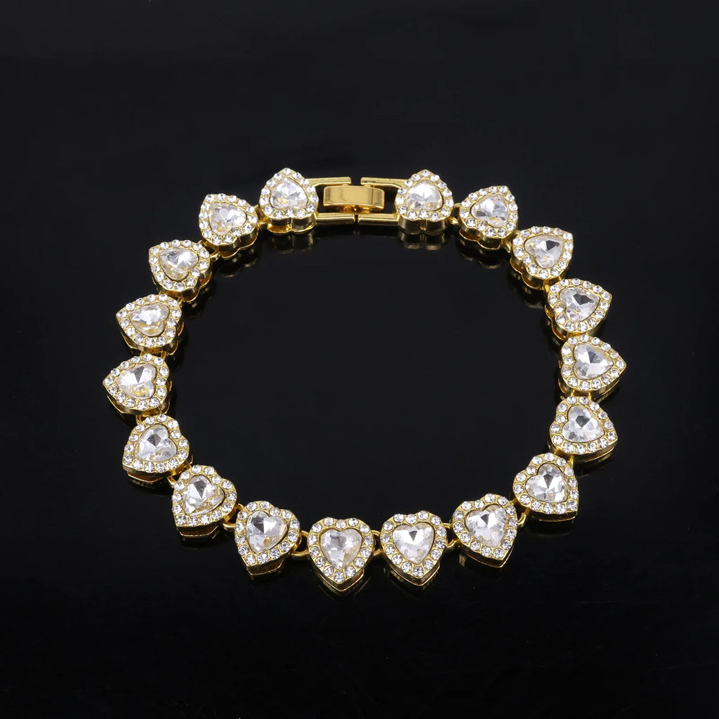 Yupsk 45CM/20CM Shiny Heart Rhinestone Hip Hop Rock Tennis Chain Bracelet Necklace for Women Men Trendy Jewelry Set Gift