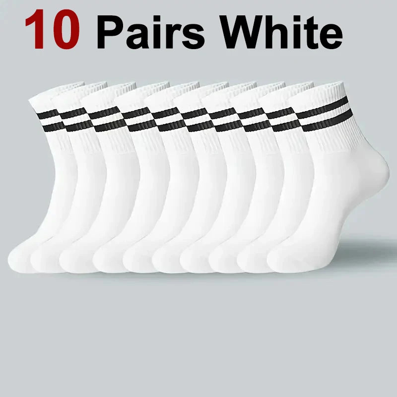 20Pairs Pure Cotton Men's High Socks Classic Black White Breathable Sweat-Absorbent Warm Elastic Sports Socks