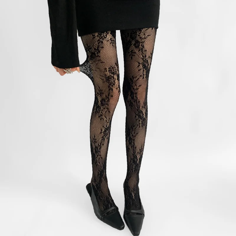 Korean Ins Hollowed Lace Mesh Stockings Women Pantyhose Hot Tights Japanese Lolita Retro Floral Rattan Long Socks Vintage Style