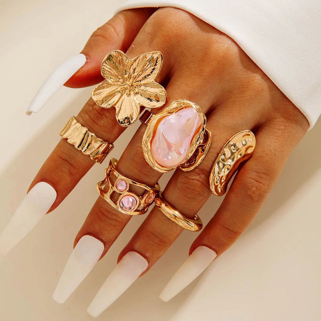 Tocona 2024 New Fashion Luxury Imitation Pearl Open Ring Sets for Women Elegant Gold Color Ring Party Jewelry Accessories