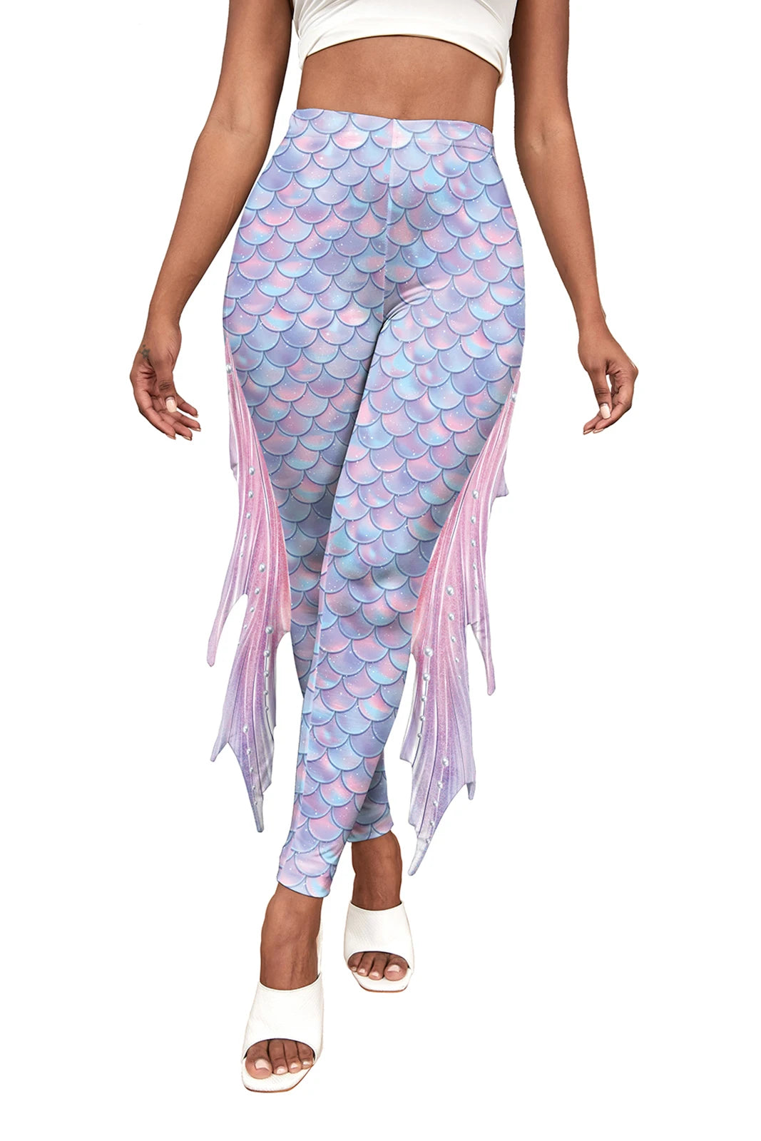 Nadanbao Colorful Mermaid Scale Print Fringe Leggings Women Fantasy Cosplay Pants Mid Waist Rave Party Tight Lady Fashion Bottom