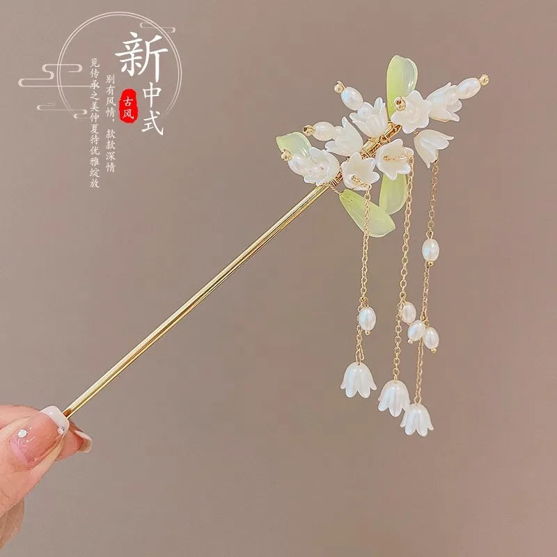 Elegant Chinese Style Hair Clip Tassel Hair Stick Traditional Floral Design Hairstyle Accessory Women Jewelry Hairpin Hairneedle