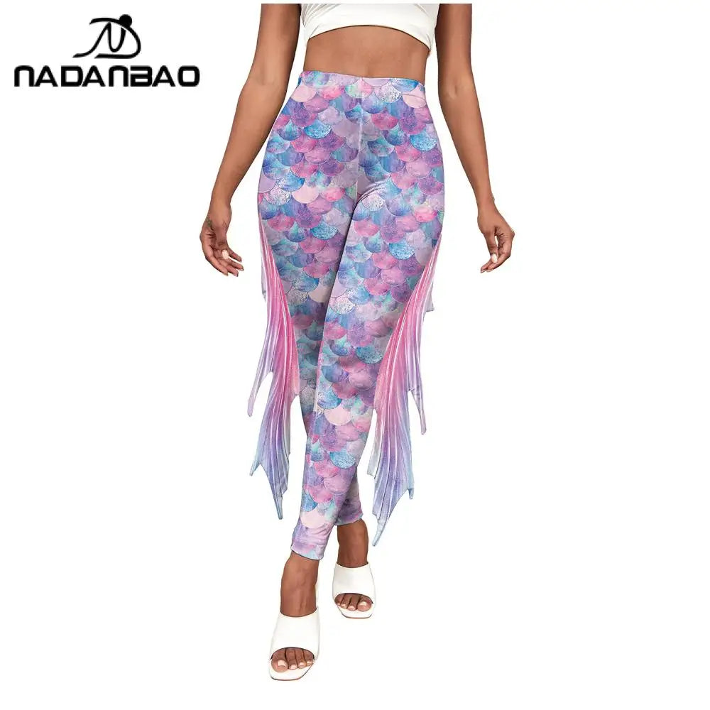 Nadanbao Colorful Mermaid Scale Print Fringe Leggings Women Fantasy Cosplay Pants Mid Waist Rave Party Tight Lady Fashion Bottom