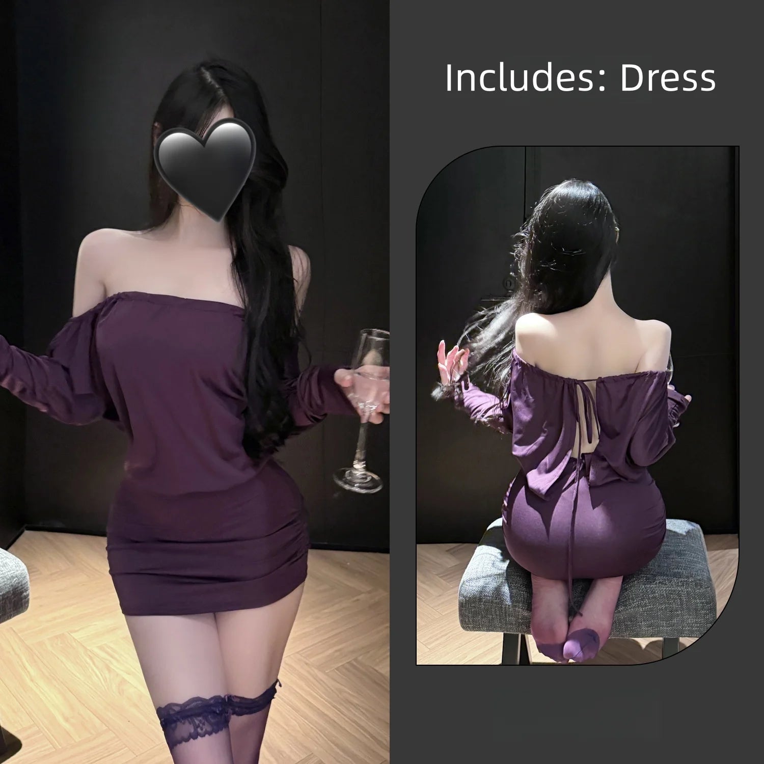 New Tight-fitting Temptation Lace Up Tie Up Lingerie One Shoulder Backless Hip Hugging Skirt Strapless Long Sleeves Slim Fit Set