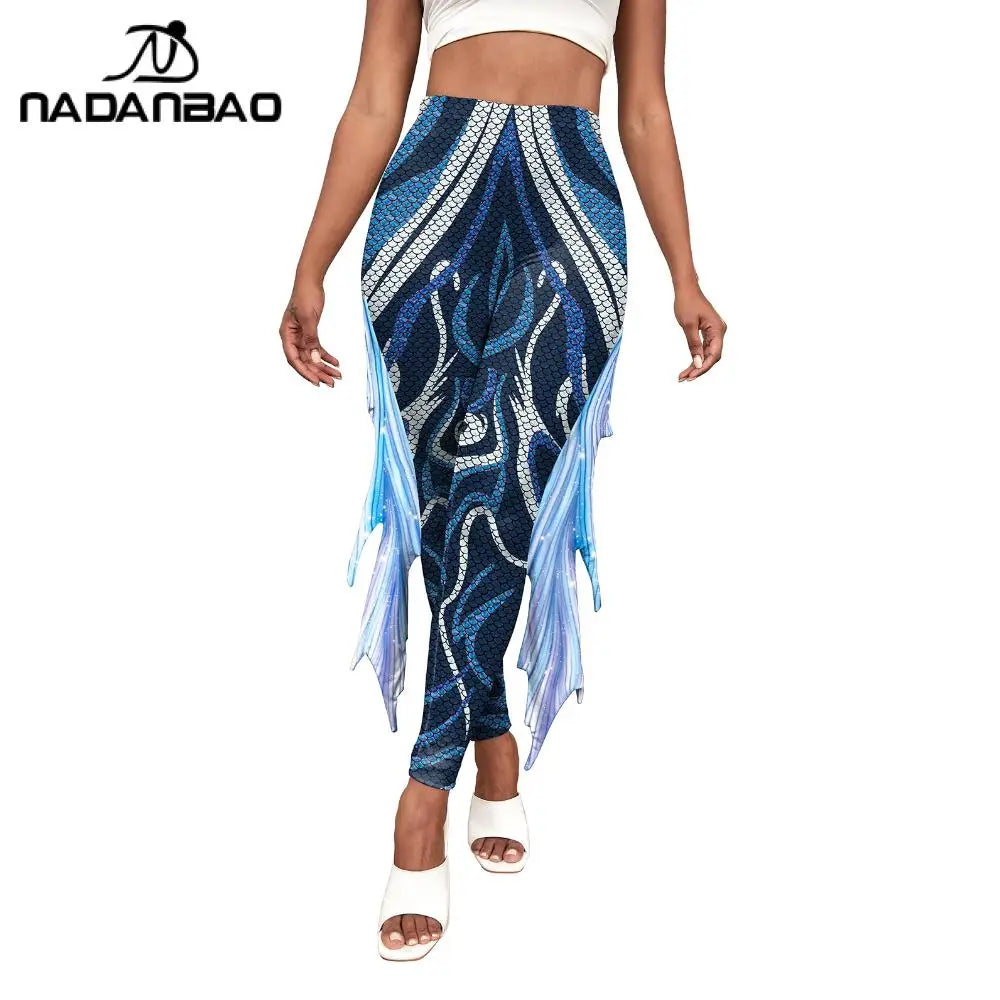 Nadanbao Colorful Mermaid Scale Print Fringe Leggings Women Fantasy Cosplay Pants Mid Waist Rave Party Tight Lady Fashion Bottom