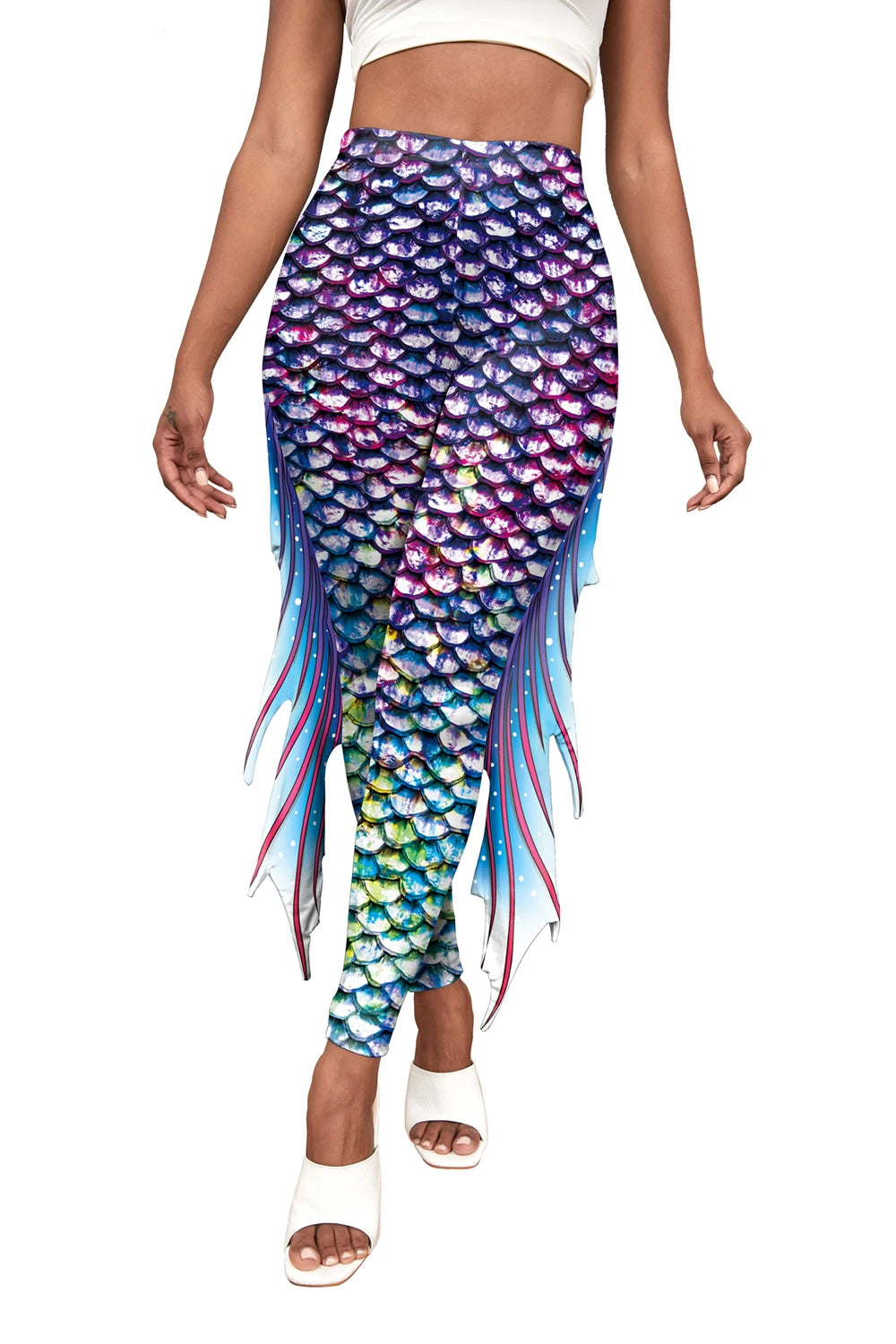 Nadanbao Colorful Mermaid Scale Print Fringe Leggings Women Fantasy Cosplay Pants Mid Waist Rave Party Tight Lady Fashion Bottom