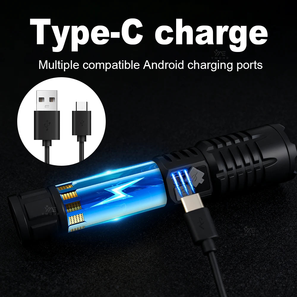 High Power Flashlight 18650 Battery Rechargeable LED Flashlight Waterproof Side Lamp Digital Display Torch Outdoor Camping Gift