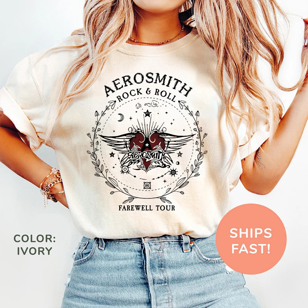 Women Vintage Dark Academic Short Sleeve Shirt Aerosmith Farewell Tour Hard Rock T Shirt Fantasy Apparel Y2K Top Streetwear