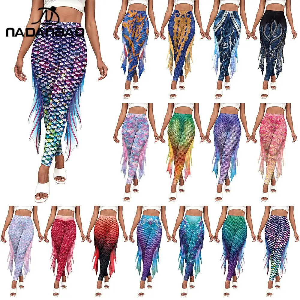 Nadanbao Colorful Mermaid Scale Print Fringe Leggings Women Fantasy Cosplay Pants Mid Waist Rave Party Tight Lady Fashion Bottom