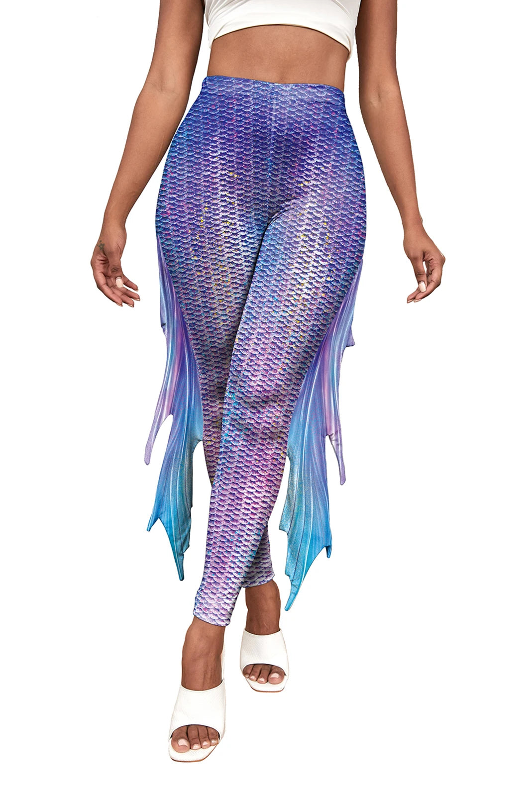 Nadanbao Colorful Mermaid Scale Print Fringe Leggings Women Fantasy Cosplay Pants Mid Waist Rave Party Tight Lady Fashion Bottom