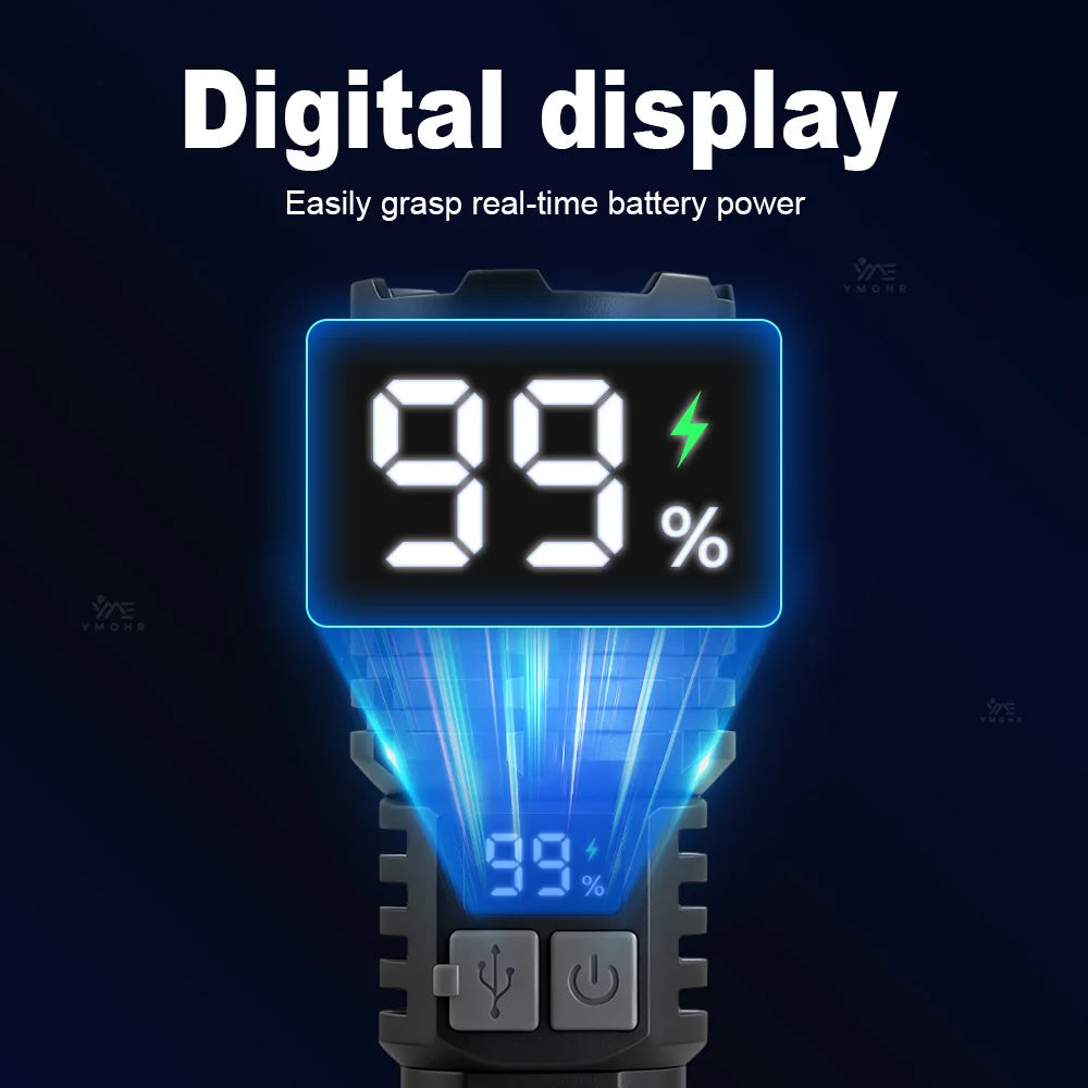 High Power Flashlight 18650 Battery Rechargeable LED Flashlight Waterproof Side Lamp Digital Display Torch Outdoor Camping Gift