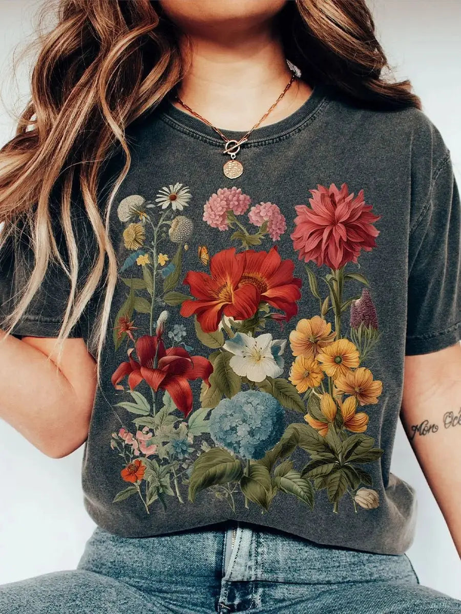 Boho Wildflowers Cottagecore Shirt Comfort Colors Retro Cotton Shirt Loose Fantasy Apparel Y2K Top Flowers Gift For Women