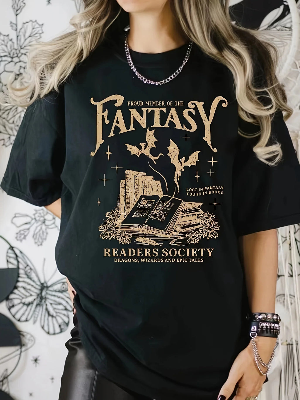 Women's Fantasy Readers Society Graphic T-Shirt Casual Round Neck Short Sleeve Tee with Slight Stretch Book Lovers Casualwear