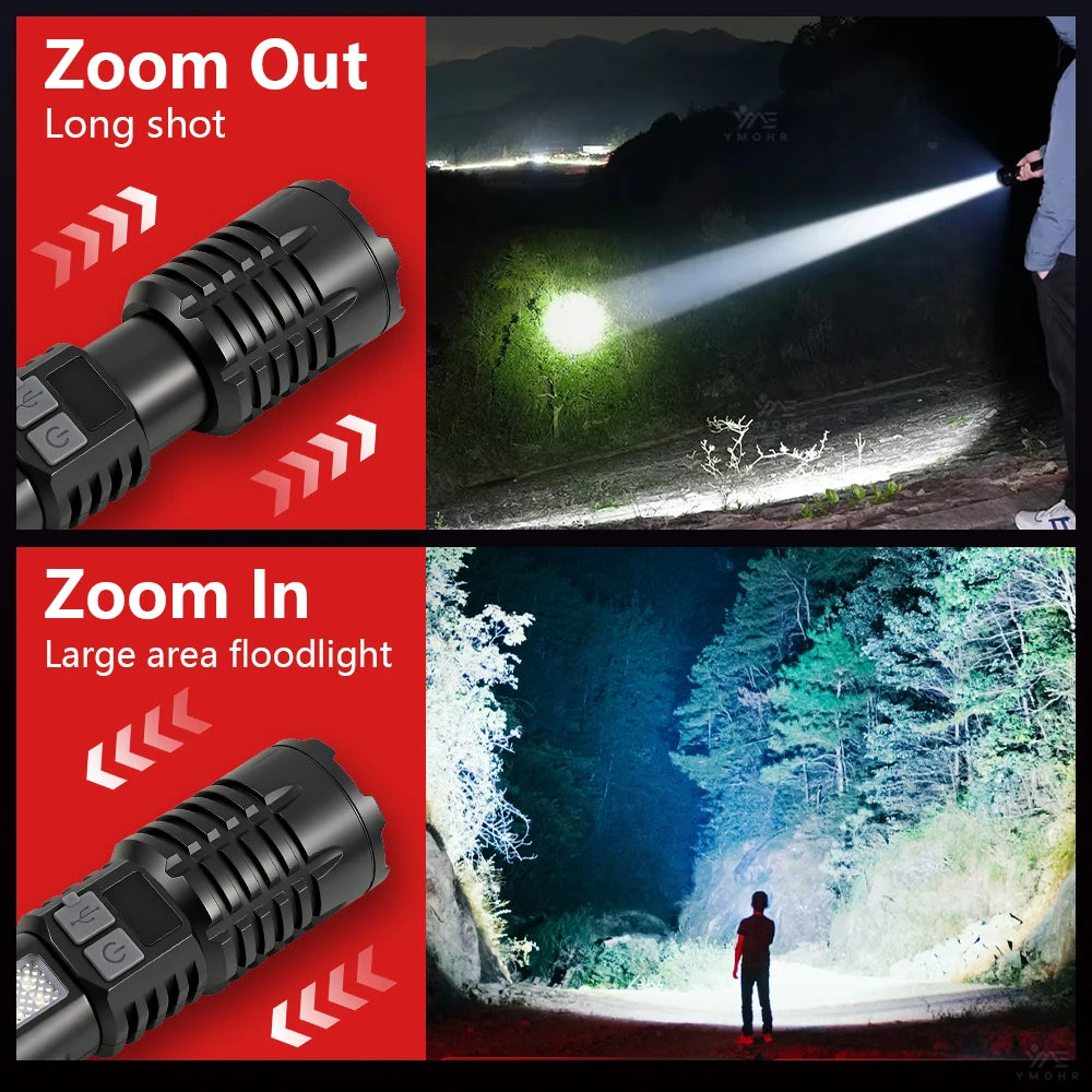 High Power Flashlight 18650 Battery Rechargeable LED Flashlight Waterproof Side Lamp Digital Display Torch Outdoor Camping Gift