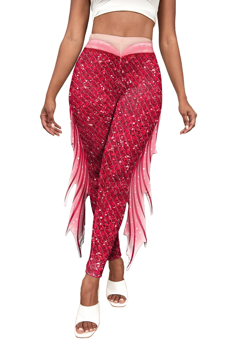 Nadanbao Colorful Mermaid Scale Print Fringe Leggings Women Fantasy Cosplay Pants Mid Waist Rave Party Tight Lady Fashion Bottom