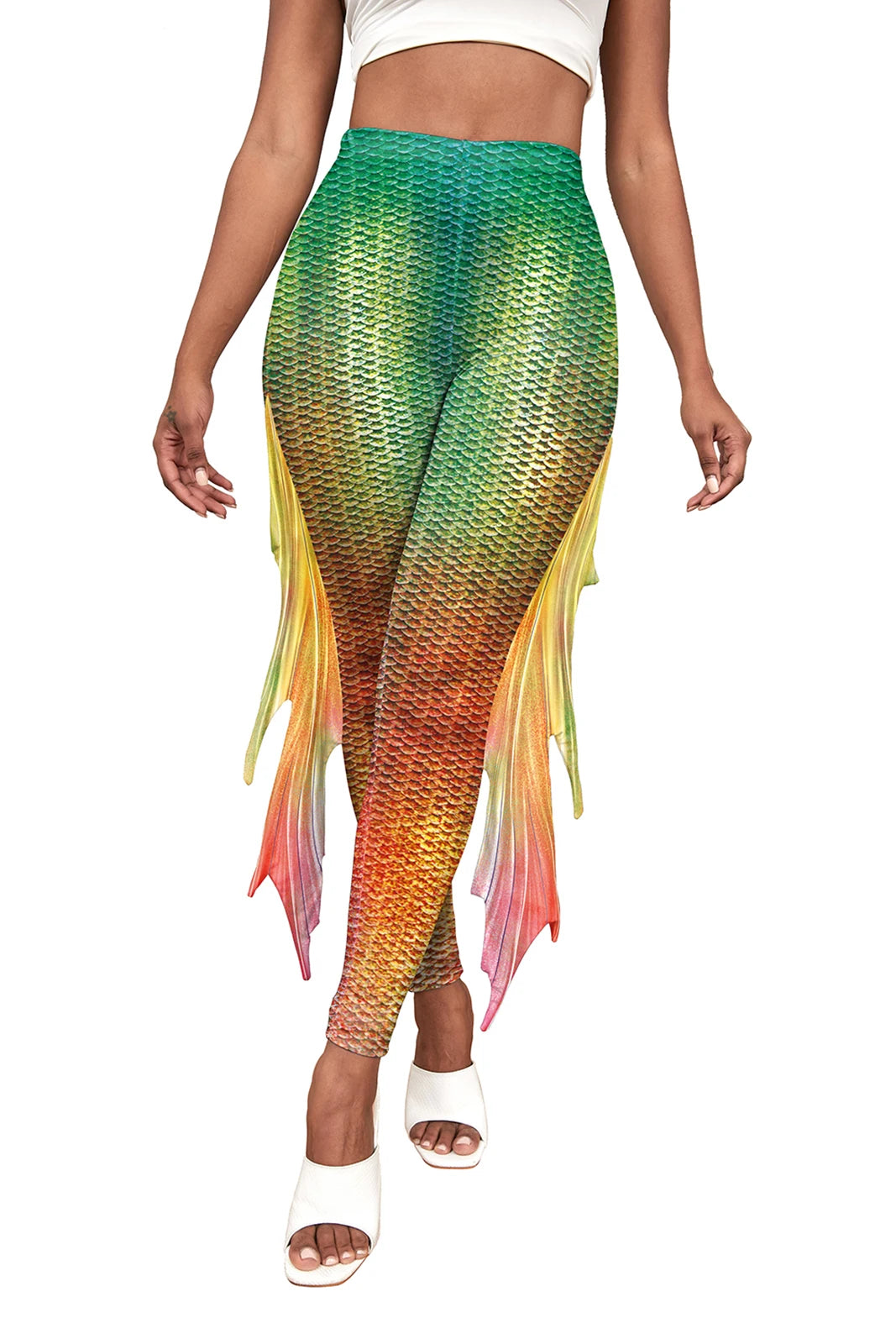 Nadanbao Colorful Mermaid Scale Print Fringe Leggings Women Fantasy Cosplay Pants Mid Waist Rave Party Tight Lady Fashion Bottom