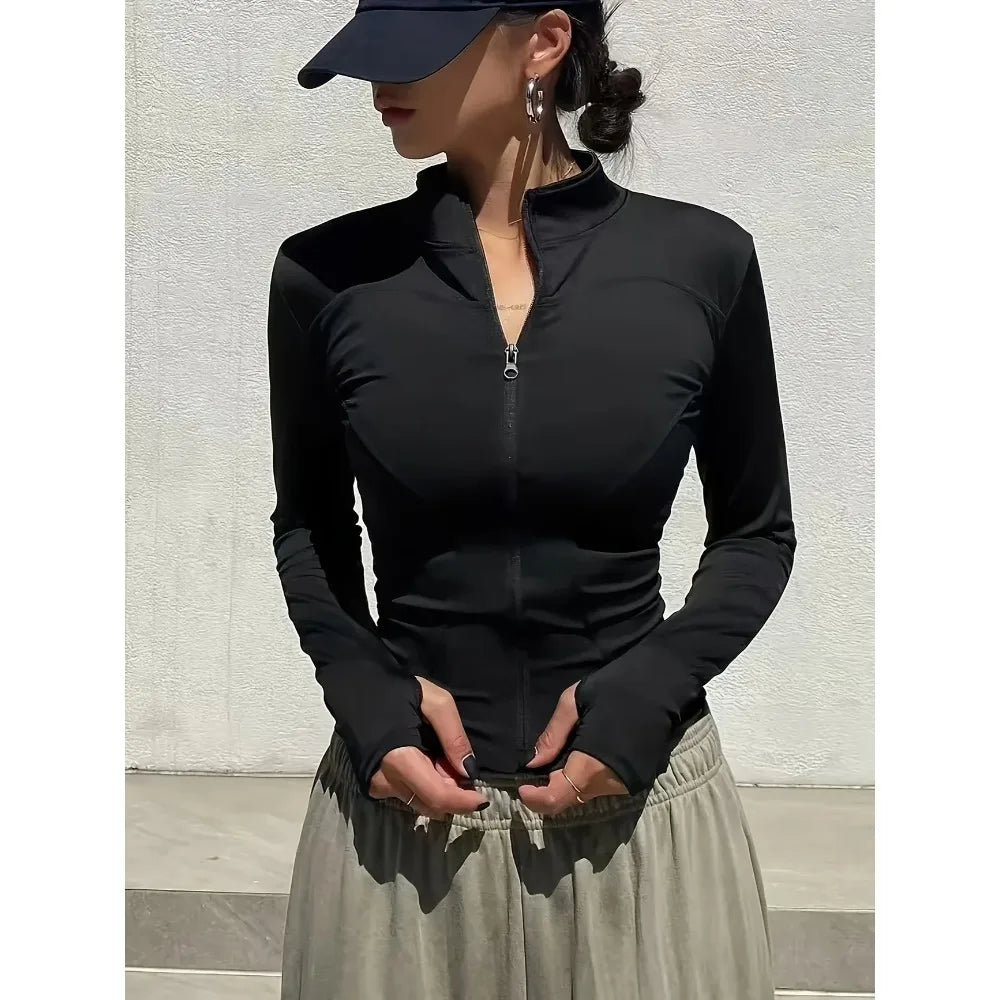Women's Summer Slim Fit Stand Collar Sun Protection Jacket UV Resistant Lightweight for Yoga Outdoor Activities Korean Style