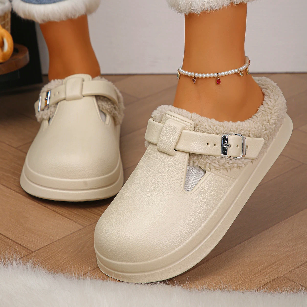 Waterproof Eva Furry Mules Slippers Women 2025 Winter Metal Buckle Warm Plush Slippers Soft Thick Bottom Non Slip Indoor Slides