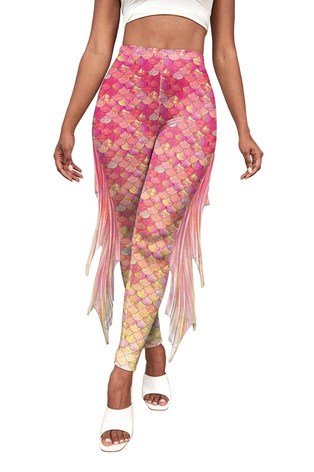 Nadanbao Colorful Mermaid Scale Print Fringe Leggings Women Fantasy Cosplay Pants Mid Waist Rave Party Tight Lady Fashion Bottom
