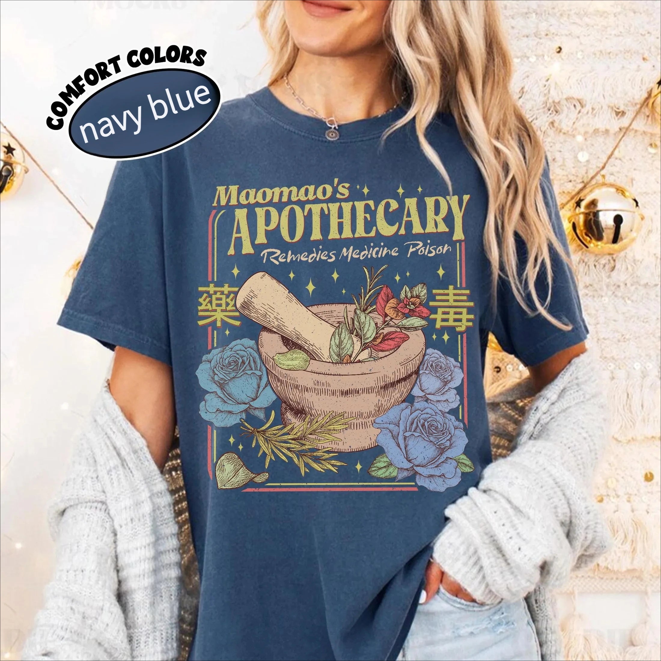 Maomao's APOTHECARY "Medicine Mound Blue Rose Retro Printed Oriental Herbal Fantasy Style" Loose Short Sleeved Women's T-shirt