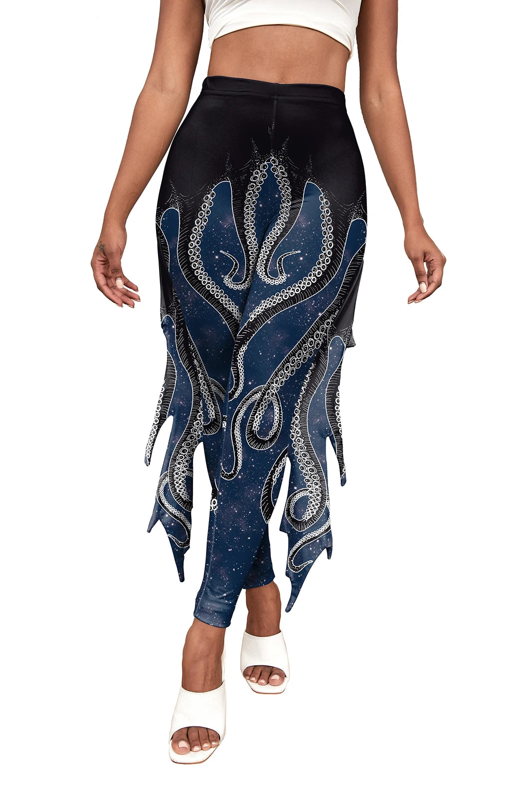 Nadanbao Colorful Mermaid Scale Print Fringe Leggings Women Fantasy Cosplay Pants Mid Waist Rave Party Tight Lady Fashion Bottom