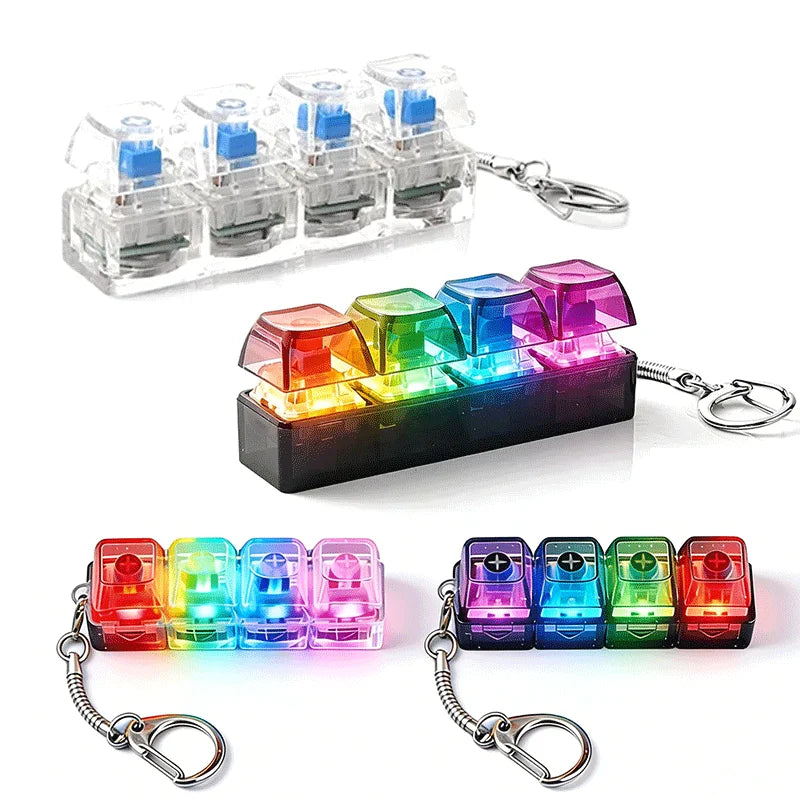 4-Button Fingertip Keyboard Transparent RGB Keycap Clicky Mechanical LED Keycap Keychain Tactile Fidget Toy Stress Relief Gift