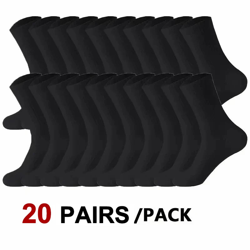 20Pairs Pure Cotton Men's High Socks Classic Black White Breathable Sweat-Absorbent Warm Elastic Sports Socks