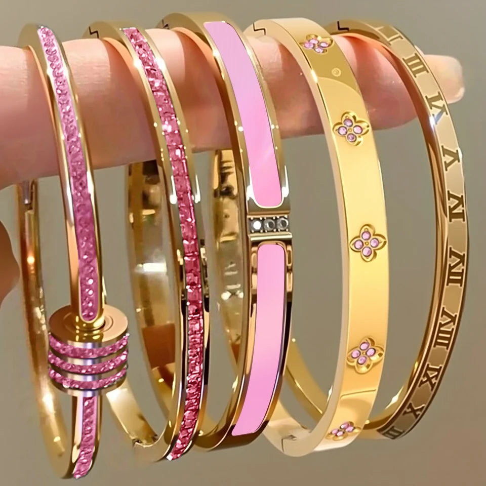 ZAKOL 5/1pcs Sparkling Zirconia Inlaid Stainless Steel Bracelet Set for Women Stackable Bangles Fashion Non Fading Jewelry Gift
