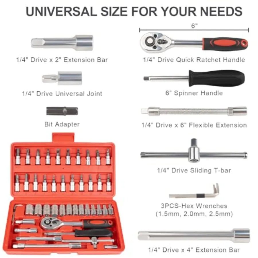 46PCS Small Drive Socket Ratchet Wrench Screwdriver Set, 1/4 Inch Metric Socket and Ratchet Wrench Set with Extension Bar, Upgr