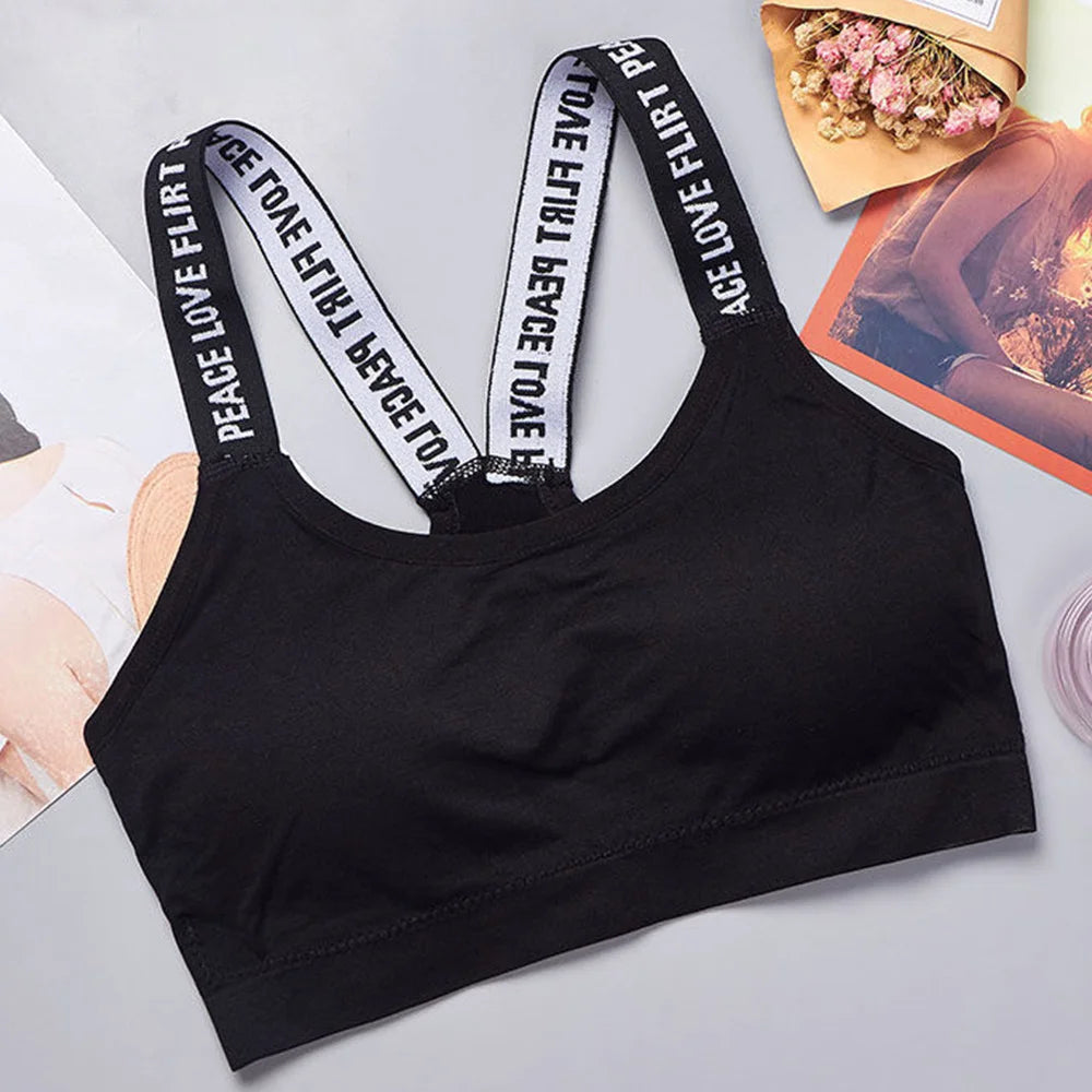 Women's Seamless Sports Crop Top Wide Letter Straps Wireless Back Comfortable Yoga Fitness Workout Activewear