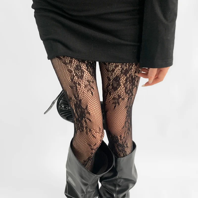 Korean Ins Hollowed Lace Mesh Stockings Women Pantyhose Hot Tights Japanese Lolita Retro Floral Rattan Long Socks Vintage Style