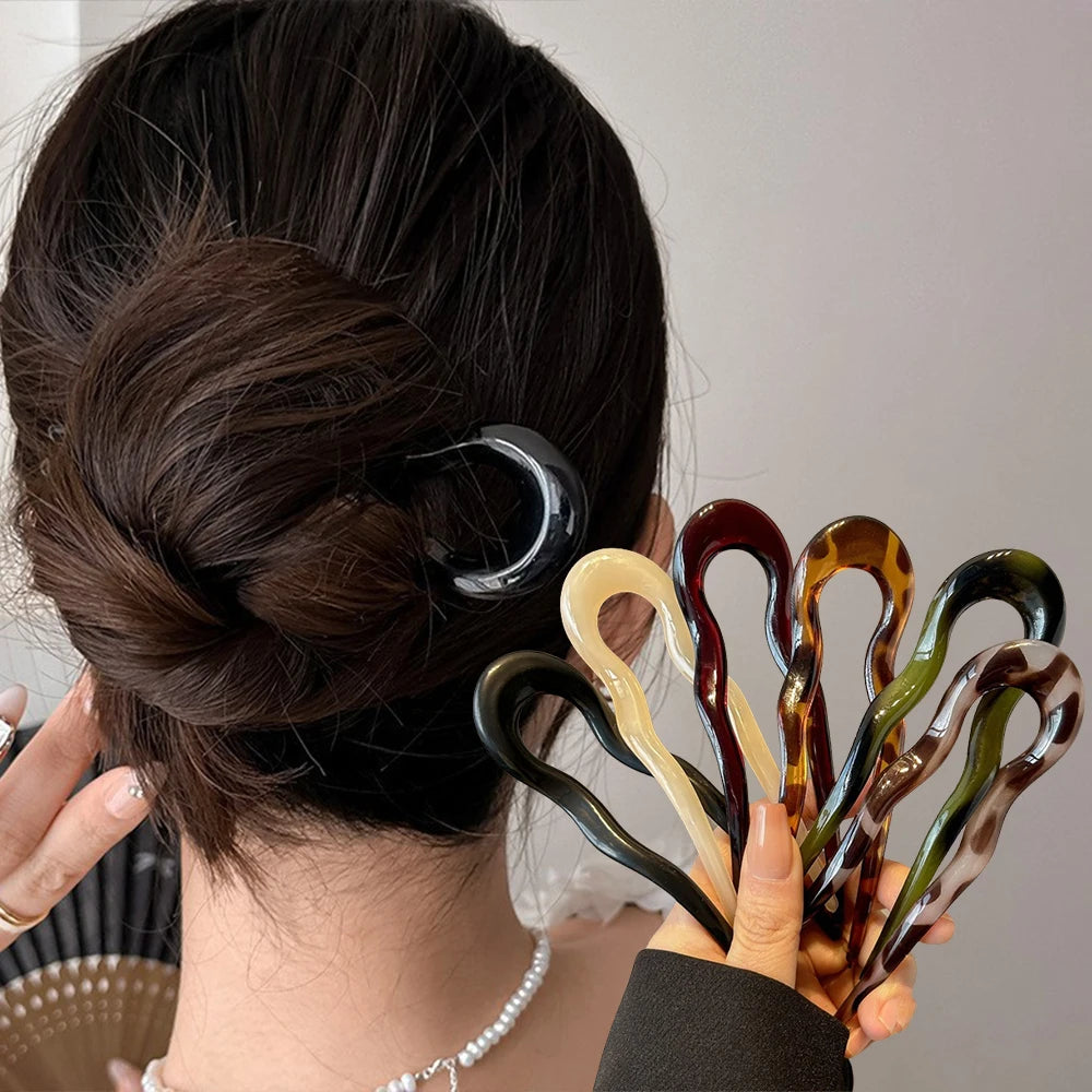 U-Shaped Hair Fork Fashion Tortoiseshell Acetate Acrylic Hairpin Geometric Headwear Hair Sticks Women Girls Hair Accessories