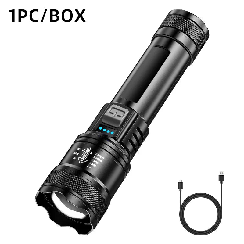 P200 Super Powerful LED Flashlight Zoom Tactical Torch Built-in Battery USB Rechargeable Waterproof Lamp Ultra Bright Lantern