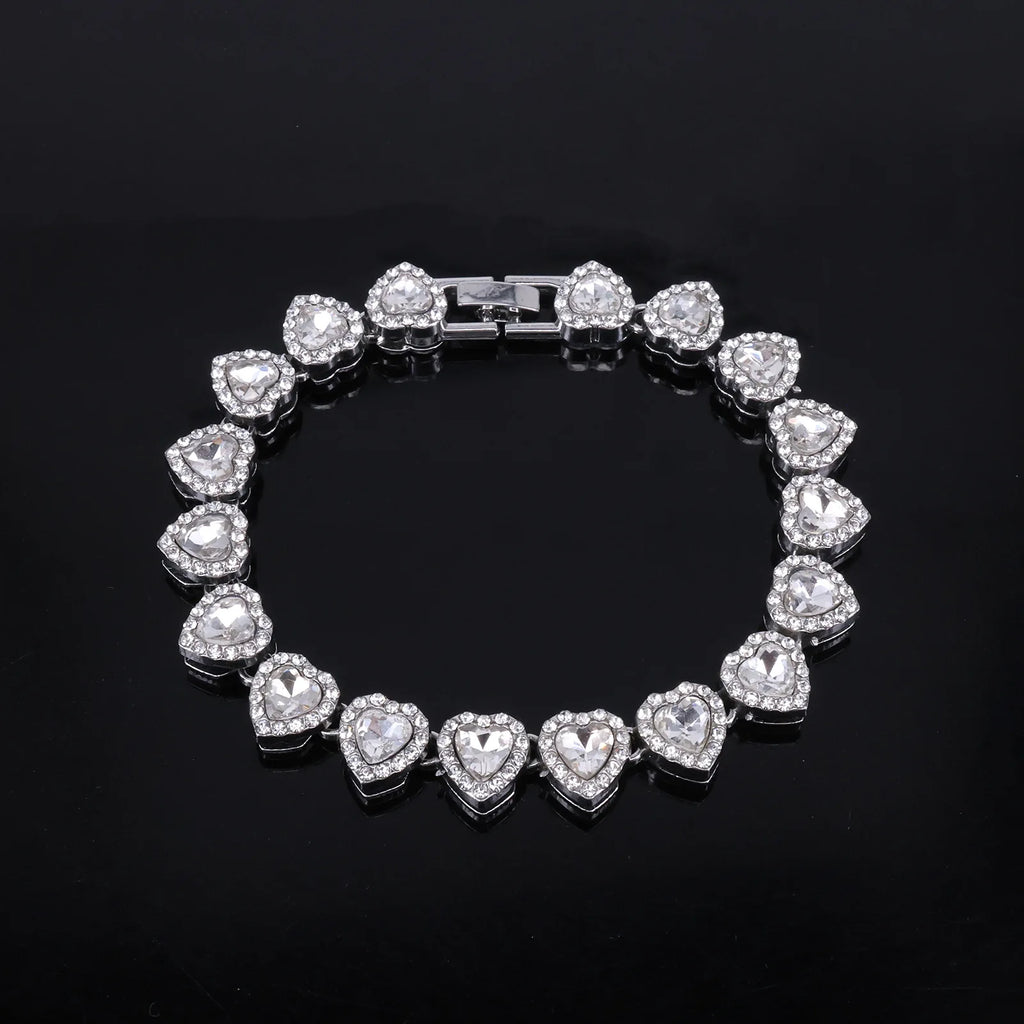 Yupsk 45CM/20CM Shiny Heart Rhinestone Hip Hop Rock Tennis Chain Bracelet Necklace for Women Men Trendy Jewelry Set Gift
