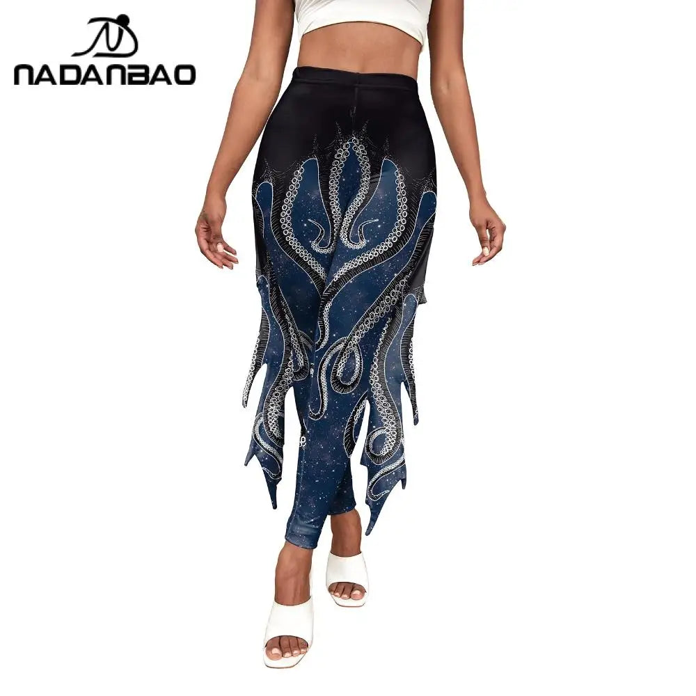 Nadanbao Colorful Mermaid Scale Print Fringe Leggings Women Fantasy Cosplay Pants Mid Waist Rave Party Tight Lady Fashion Bottom