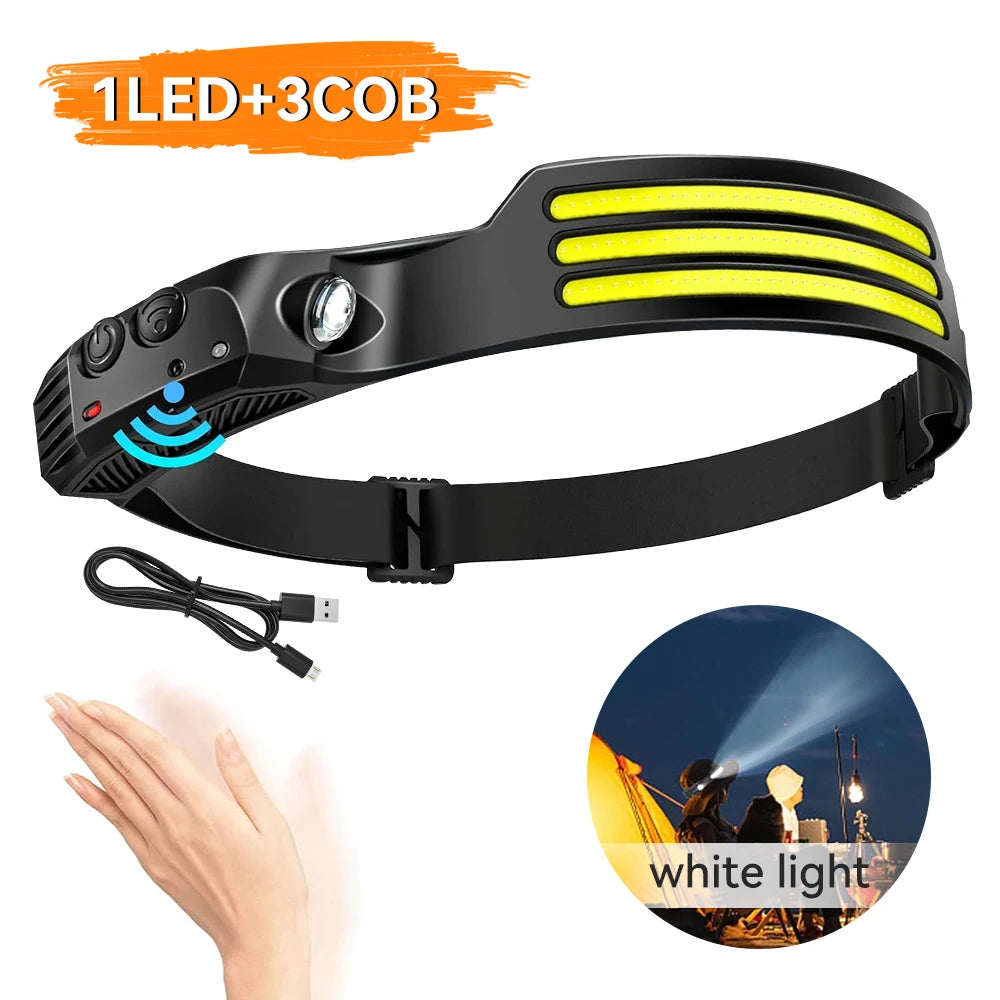 USB Rechargeable COB LED Induction Headlamp With 1200mAh Built-in Battery Head Flashlight Outdoor Camping Fishing Head Lantern
